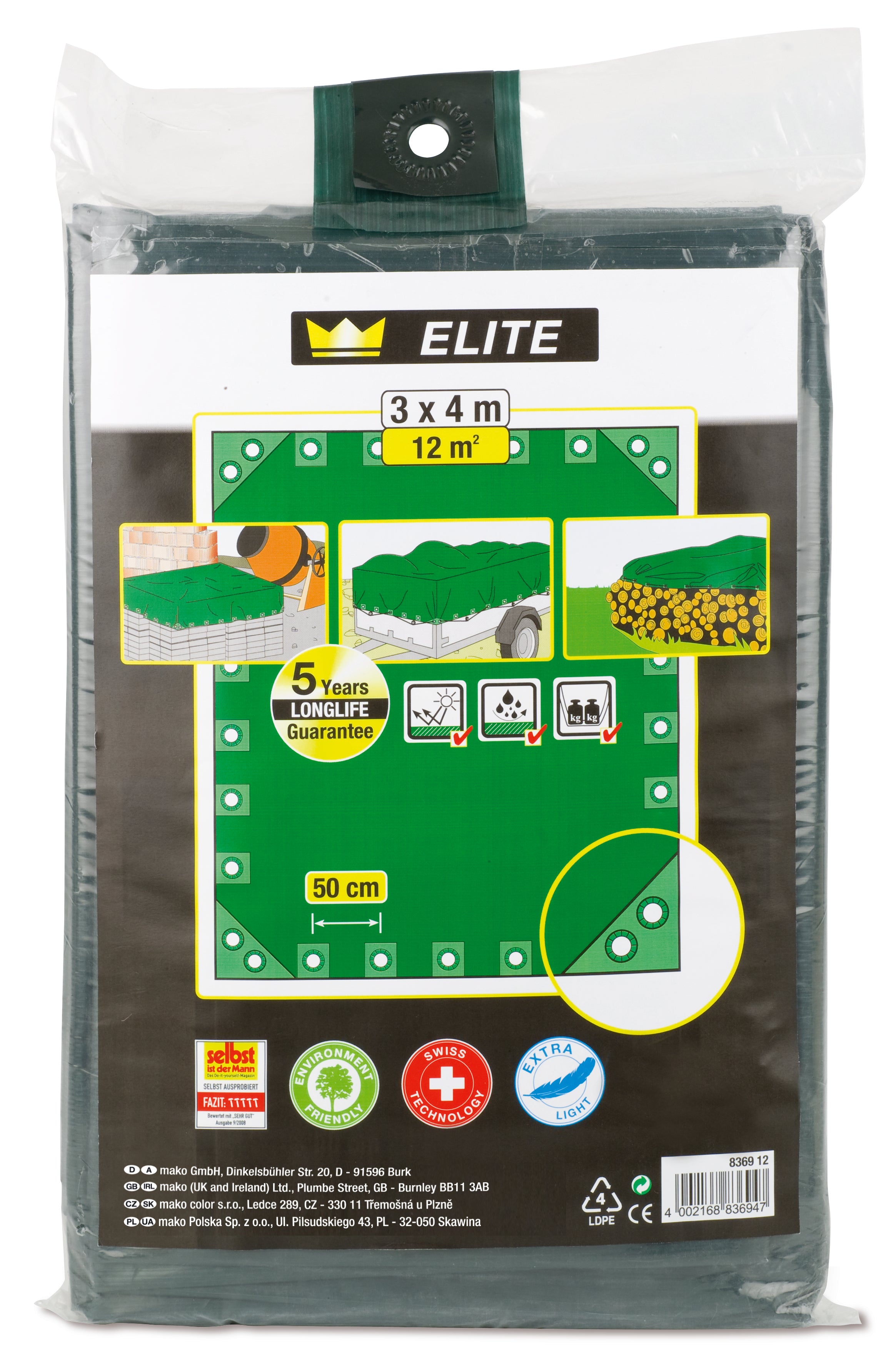 Ösenplane ELITE 3 m x 4 m, umweltfreundlicher, recyclingähiger Verbundstoff Polyethylen