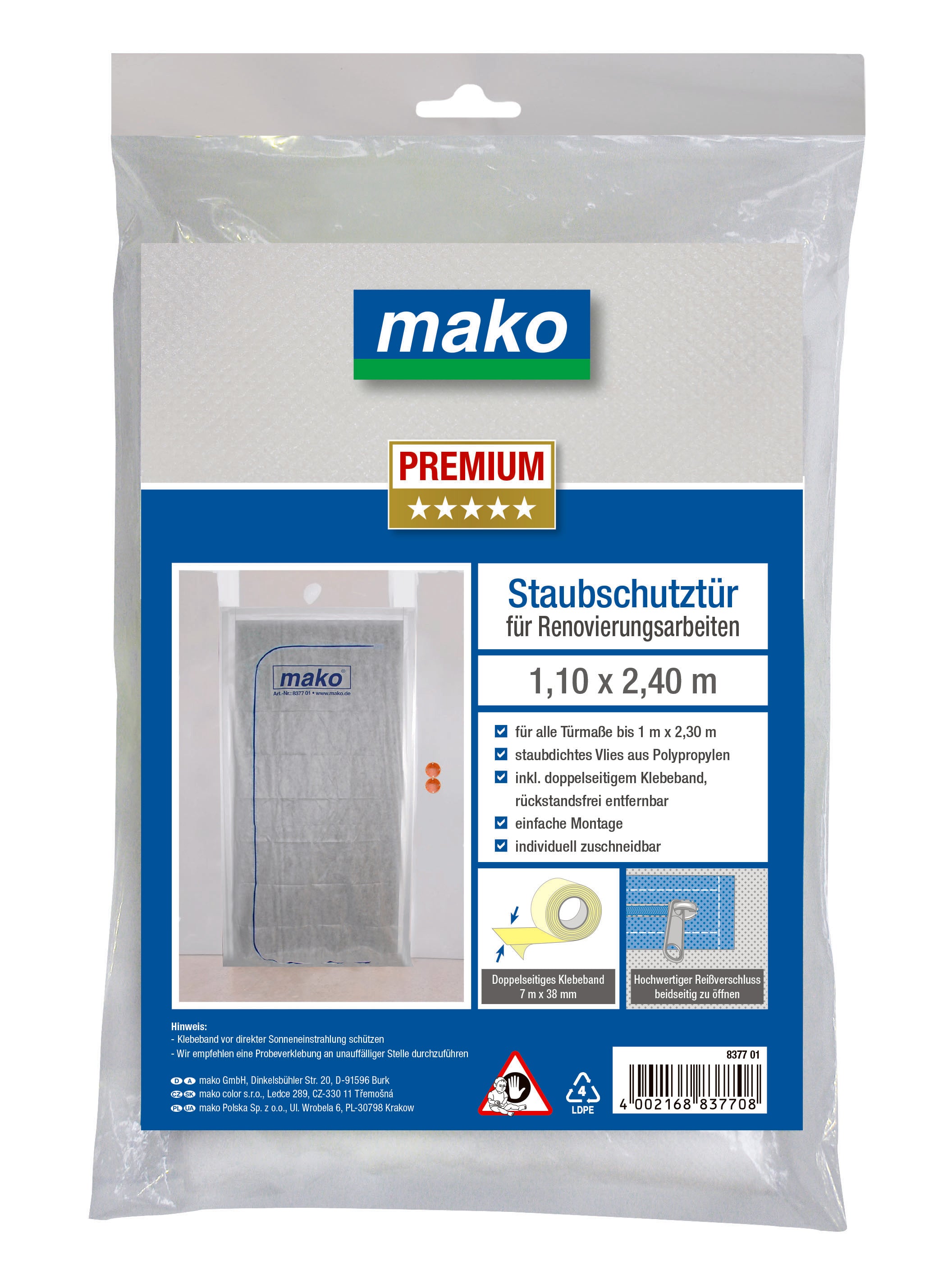 Staubschutztür für Renovierungsarbeiten PREMIUM 1,10 m x 2,40 m, staubdichtes Polypropylen-Vlies